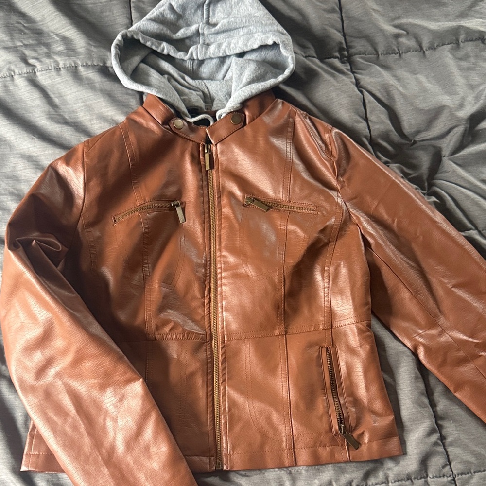 Brown Faux Leather Jacket with Gray Hood